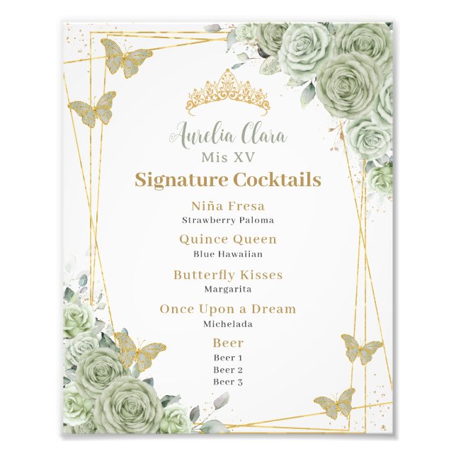 Sage Green Floral Quinceanera Signature Cocktails Fotodruck (Vorne)