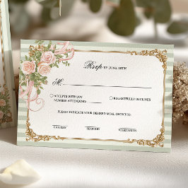 Sage Green Floral Ribbon & Gold Vintage Frame RSVP Karte