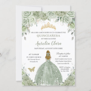 Sage Green Floral Rose Blonde Girl Quinceañera Einladung