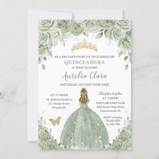 Sage Green Floral Rose Blonde Girl Quinceañera Einladung