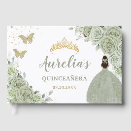 Sage Green Floral Rose Princess Gold Quinceañera Gästebuch