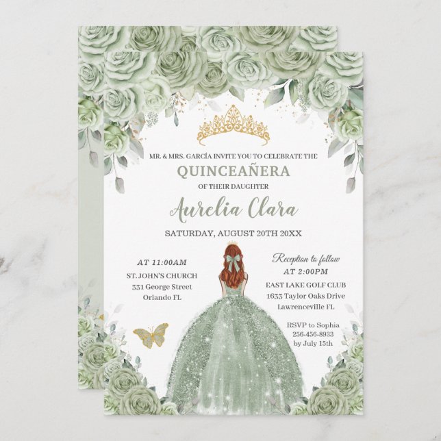Sage Green Floral Rose Rotes Haar Girl Quinceañera Einladung (Vorne/Hinten)