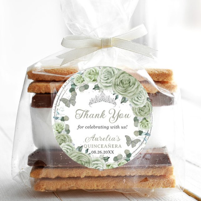 Sage Green Floral Rose Silver Tiara Schmetterlinge Runder Aufkleber (Von Creator hochgeladen)