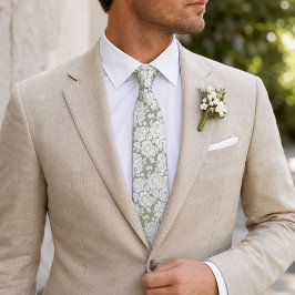 Sage Green Floral Rose White Neck Tie Krawatte