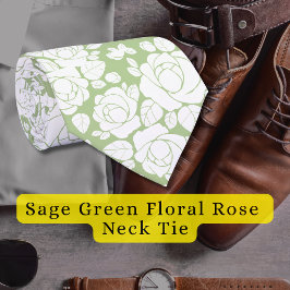 Sage Green Floral Rose White Neck Tie Krawatte