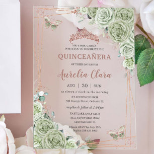 Sage Green Floral Rosen Gold Quinceñera Geburtstag Acryleinladungen
