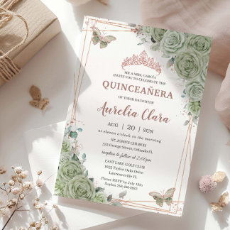 Sage Green Floral Rosen Gold Quinceñera Geburtstag Einladung