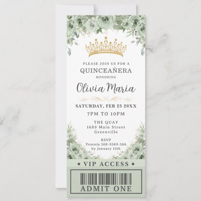 Sage Green Floral Rosen Gold Quinceñera VIP Ticket Einladung (Vorderseite)
