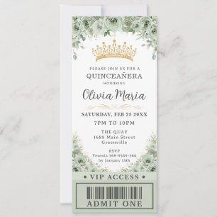 Sage Green Floral Rosen Gold Quinceñera VIP Ticket Einladung