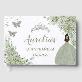 Sage Green Floral Rosen Prinzessin Silver Quinceañ Gästebuch