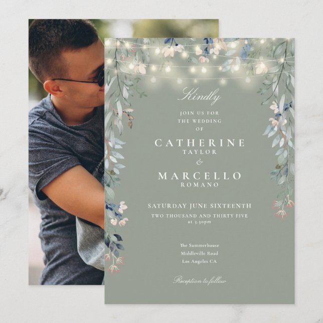 Sage Green Floral String Lights Foto Hochzeit Einladung (Vorne/Hinten)