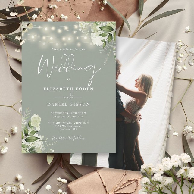 Sage Green Floral String Lights Foto Hochzeit Einladung (Sage Green Floral String Lights Photo Wedding Invitation)