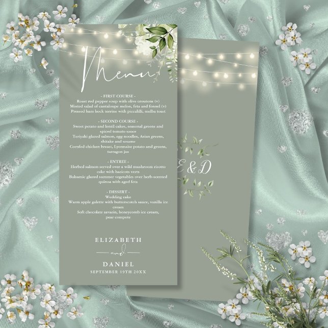 Sage Green Floral String Lights Hochzeitsessen Menükarte (Sage Green Floral String Lights Wedding Dinner Menu)