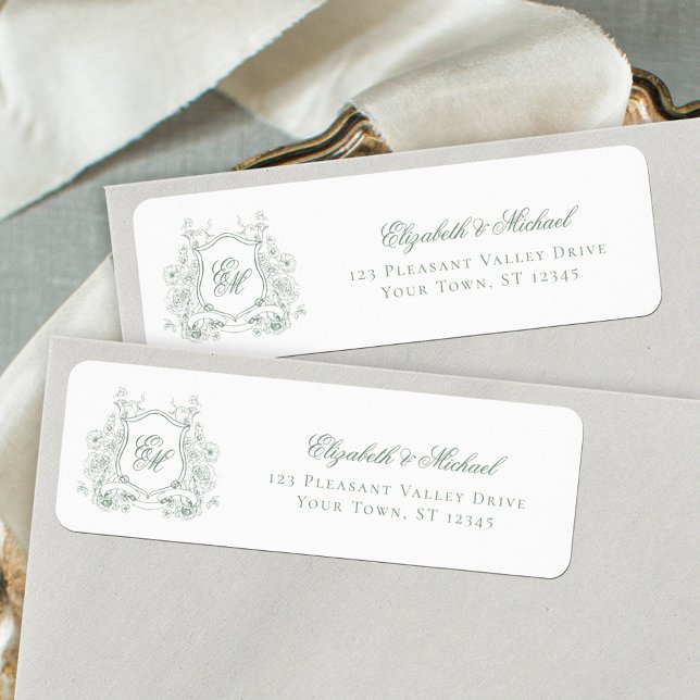 Sage Green Floral Wappen Monogram Wedding Address (Von Creator hochgeladen)