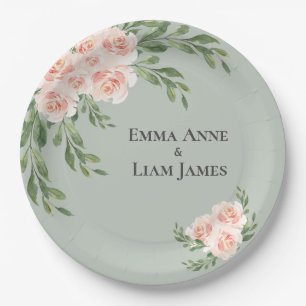 Sage Green Floral Watercolor Romantische Hochzeit Pappteller