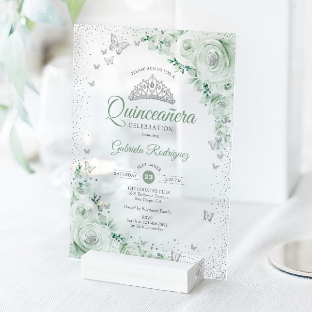 Sage Green Floral Watercolor Roses Quinceanera Acryleinladungen (Von Creator hochgeladen)