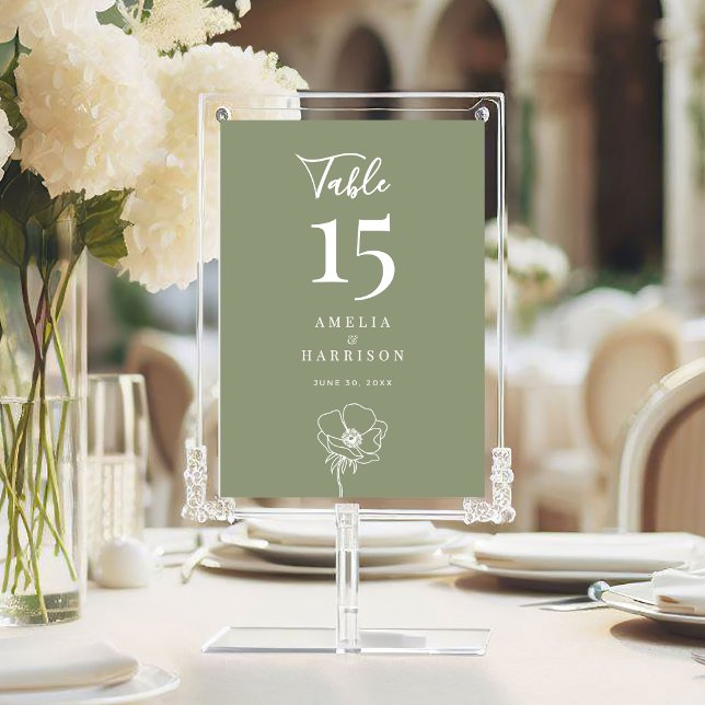 Sage Green Floral Wedding 12x18 (Sage Green Floral Wedding 5x7 Table Number with Line Art Flower, Couple Names, Wedding Date.)