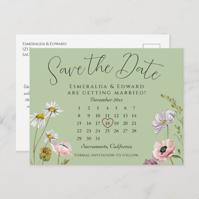 Sage Green Floral Wedding Calendar Save the Date Ankündigungspostkarte (Vorne/Hinten)