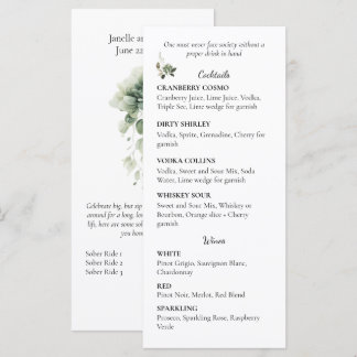 Sage Green Floral Wedding Cocktail and Wine List | Menükarte
