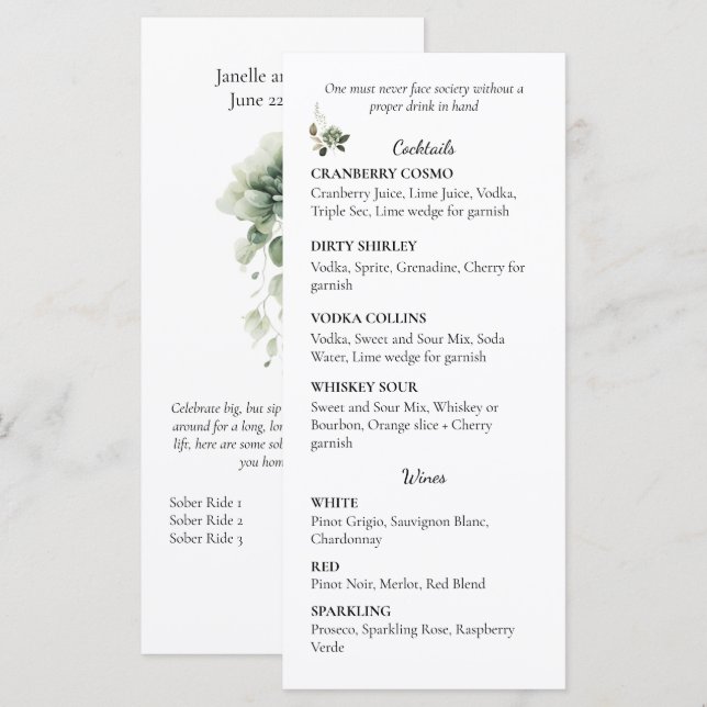 Sage Green Floral Wedding Cocktail and Wine List | Menükarte (Vorne/Hinten)