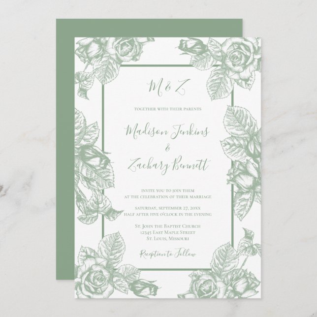 Sage Green Floral Wedding Einladung (Vorne/Hinten)