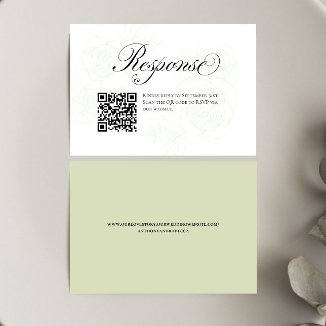 Sage Green Floral Wedding QR Code RSVP Insert Karte (Elegant sage green floral QR code RSVP card with modern script and easy scan response)