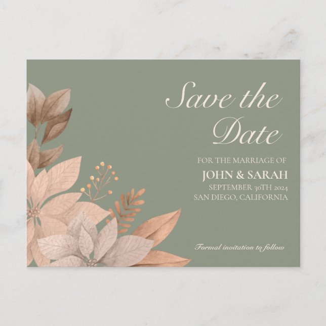 Sage Green Floral Wedding Save the Date Postcard Ankündigungspostkarte (Vorderseite)