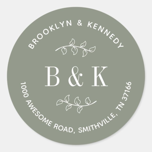 Sage Green Floral Wedle Couple Rücksendeadresse Runder Aufkleber (Vorderseite)