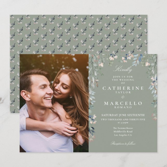 Sage Green Floral Wildblumen Foto Hochzeit Einladung (Vorne/Hinten)