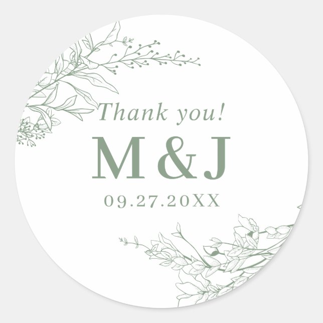 Sage Green Floral Wreath Monogram Vielen Dank Runder Aufkleber (Vorderseite)