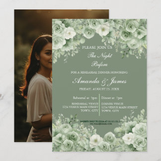 Sage Green Floral Wreath Photo Rehearsal Dinner  Einladung