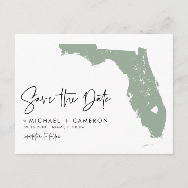 Sage Green Florida Map Modern Script Save the Date Ankündigungspostkarte (Vorderseite)