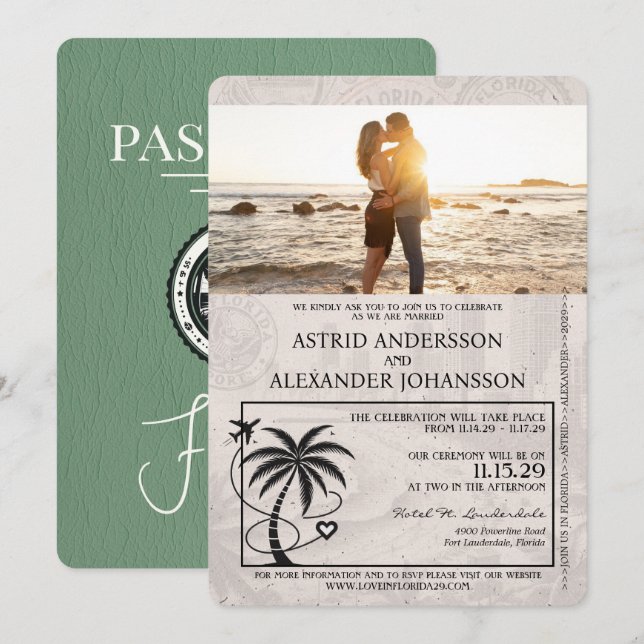Sage Green Florida Passport Hochzeit Einladung (Vorne/Hinten)