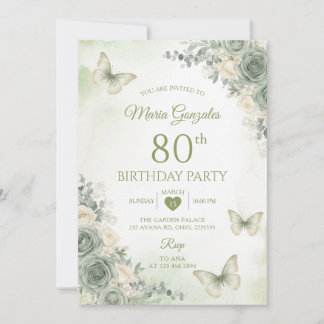 Sage Green Flowers Butterfly 80th Birthday Einladung