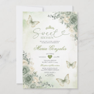 Sage Green Flowers Butterfly Girl Sweet Sixteen Einladung