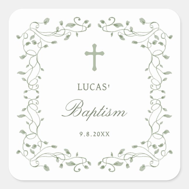 Sage Green Foliage Frame Baptism Quadratischer Aufkleber (Vorderseite)