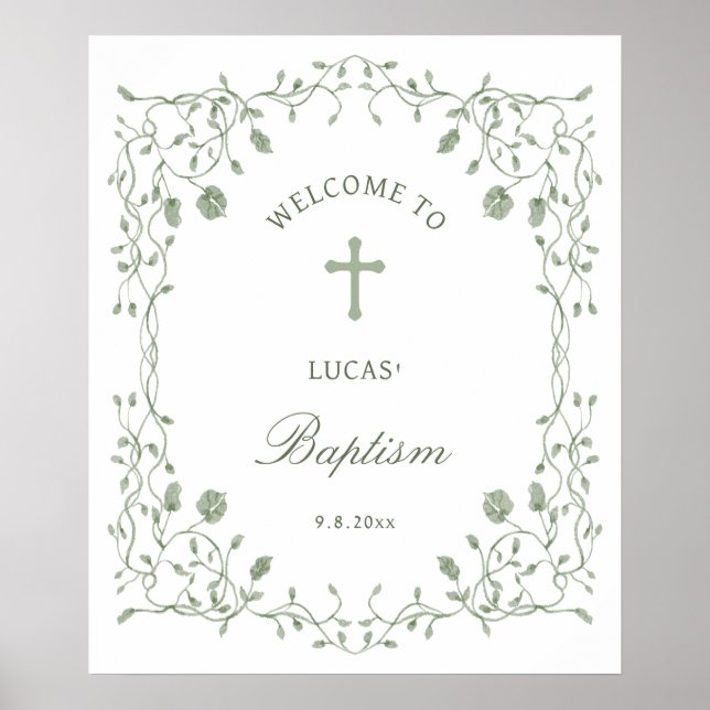Sage Green Foliage Frame Baptism Welcome Poster (Vorne)