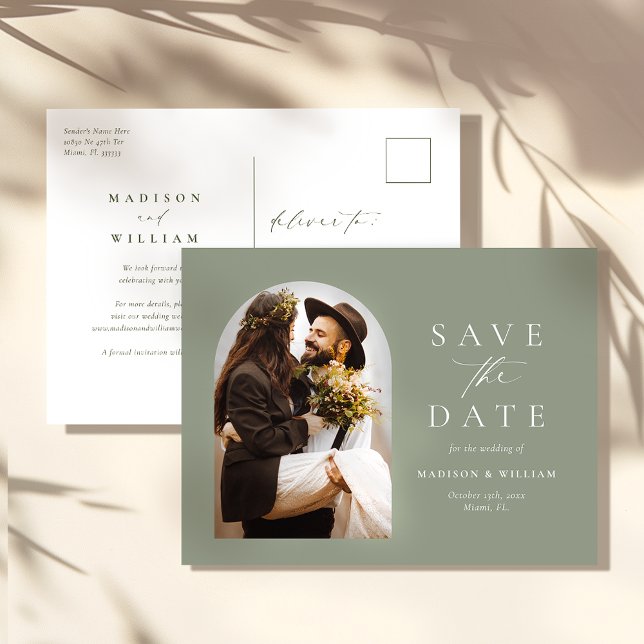 Sage Green Foto Arch Wedding Save the Date Postkarte (Von Creator hochgeladen)