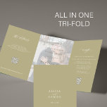 Sage Green Foto Hochzeit RSVP Details QR-Code Dreifach Gefaltete Einladung<br><div class="desc">Modernes, minimalistisches Typografie-Trendgrün in einem dreimal so kleinen Hochzeitsvorlage mit 2 Fotos, uAwg und Details mit QR-Scannen-Codes mit einem schicken angesagten Kalligrafieschrift und transparentem Foto-Overlay. Einfach mit ein oder zwei benutzerdefinierten Fotos personalisieren (Sie können das gleiche Foto auf beiden Seiten hochladen) und Ihre Gastinformationen! Die Einladung eignet sich für klassische...</div>
