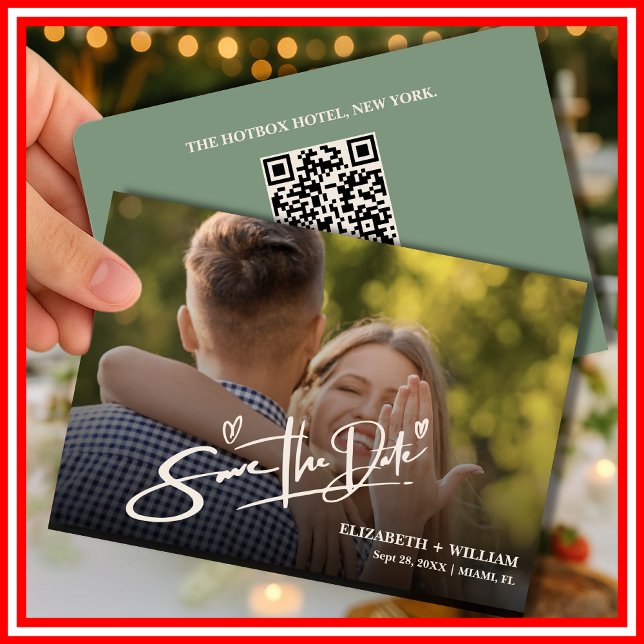 Sage Green Foto QR Code Elegante Hochzeit Save The Date (Von Creator hochgeladen)