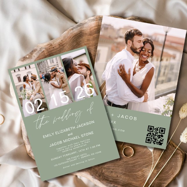 Sage Green Foto QR-Code Hochzeitsszenierung Minima Einladung (Von Creator hochgeladen)