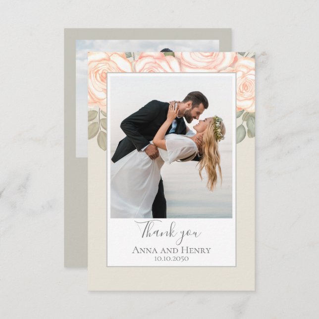 Sage Green Foto Wedding Custom Blush Floral Dankeskarte (Vorne/Hinten)