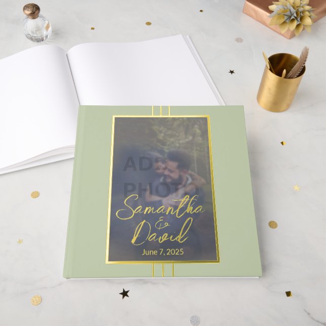 Sage Green Foto Wedding Foil Gästebuch (Vorderseite Offen)