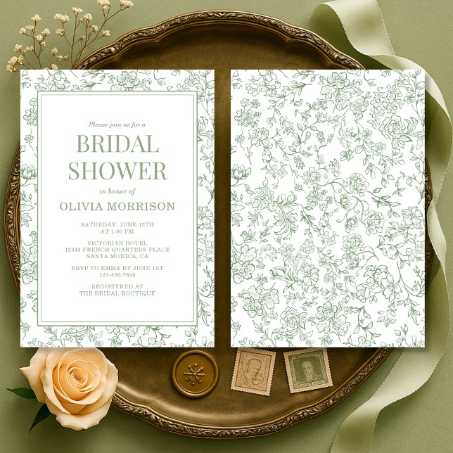 Sage Green French Chinoiserie Floral Bridal Shower Einladung (Von Creator hochgeladen)