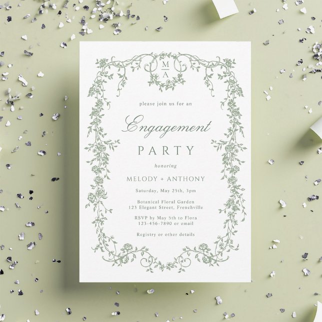 Sage Green French Floral Engagement Party Einladung (Von Creator hochgeladen)