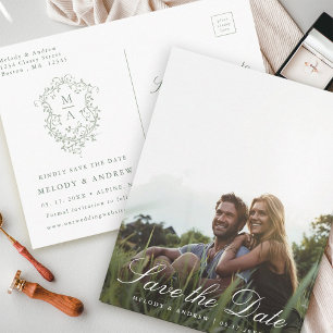 Sage Green French Floral Wappen Foto Save the Date Postkarte
