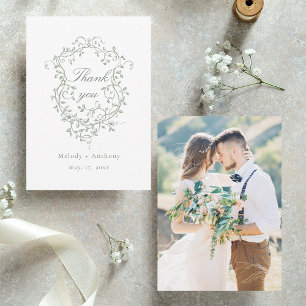 Sage Green French Floral Wappen Hochzeit Foto Dankeskarte