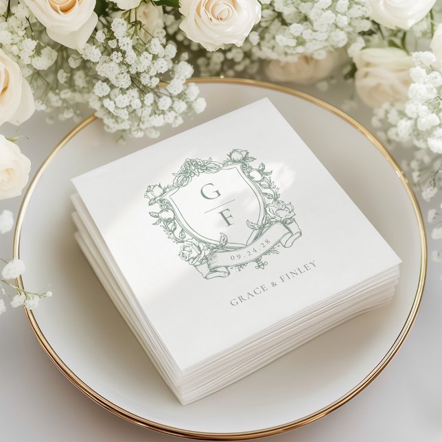 Sage Green French Rose Monogram Wappen Wedding Serviette (Von Creator hochgeladen)