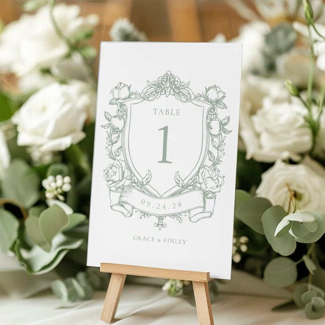 Sage Green French Rose Vintag Wappen Hochzeit Tischnummer (Von Creator hochgeladen)