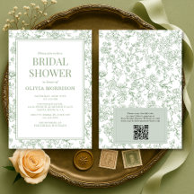 Sage Green French Toile QR Code Bridal Shower